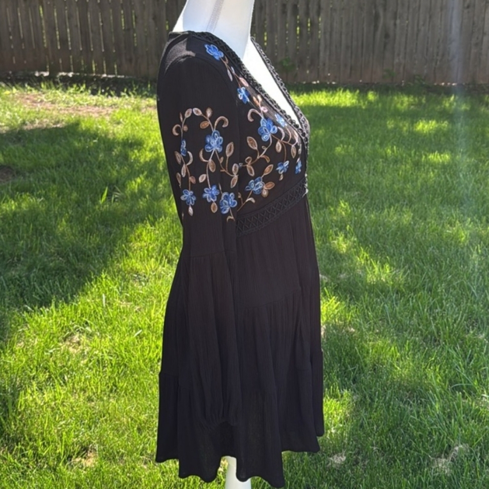 Blue Rain black embroidered floral long sleeve tiered dress L